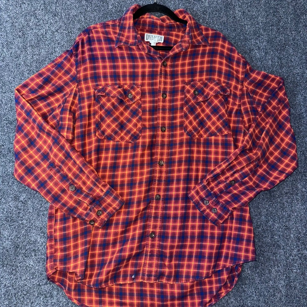 Duluth Trading‎ Co Mens XL Plaid Flannel Shirt Red Orange Blue Long Sleeve